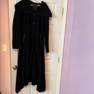 Cop.Copine Black Asymmetrical Long Coat,right pockets zipper broken